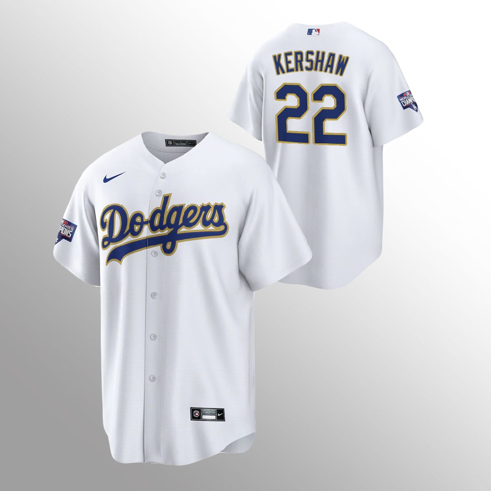 Men's Los Angeles Dodgers #22 Clayton Kershaw White MLB Champions Patch Gold Program Cool Base Sttiched Jersey